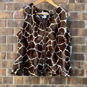 Jordan Giraffe Print Faux Fur Vest Sleeveless Brown‎ Full Zip Womens XL NWT